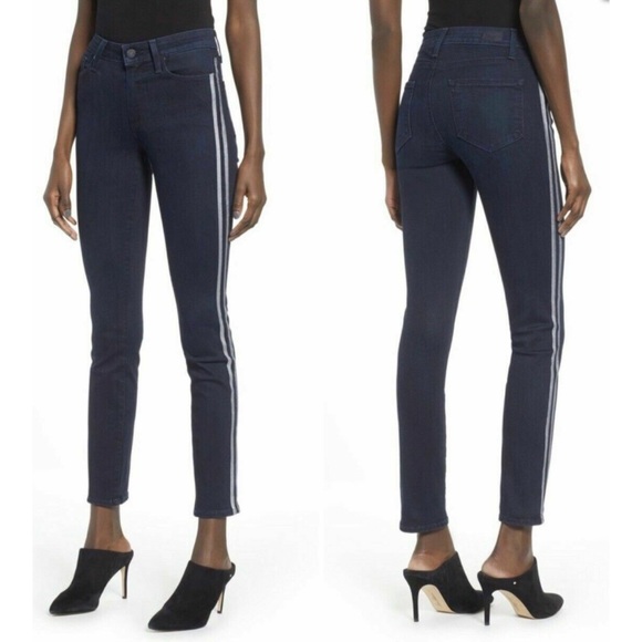 Paige Hoxton Ankle Peg Metallic Tux Stripe Dark Wash Jean 25 NWT $228 - Picture 1 of 10